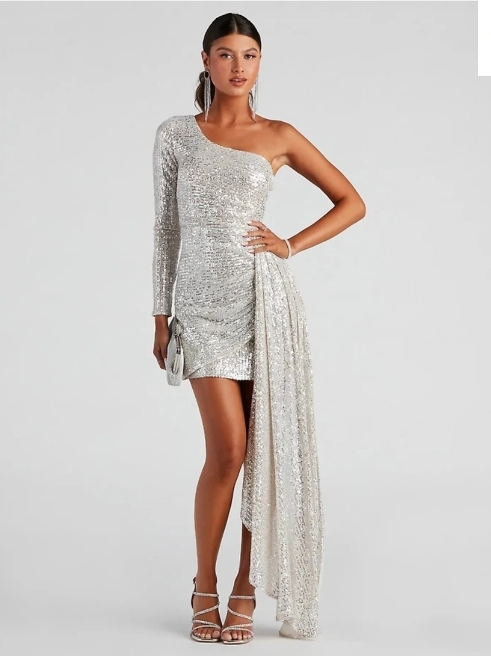 Speechless Silver One-Shoulder Sequin Mini Dress with Draped Side Panel Size 7